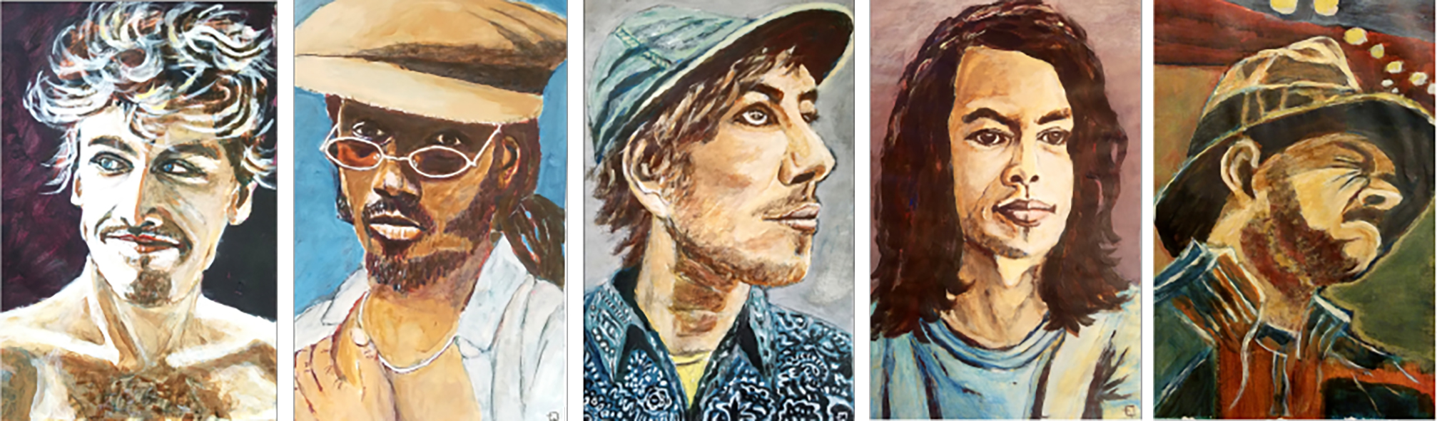 cinq portraits à l'acrylique