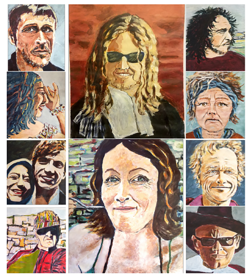 plusieurs portraits à l'acrylique