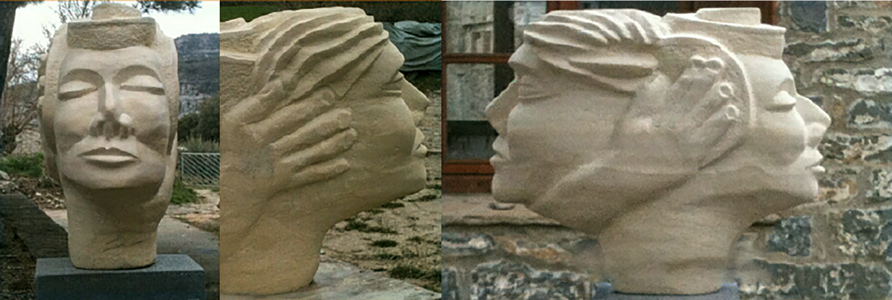 sculpture en pierre représentant une tête à deux visages
